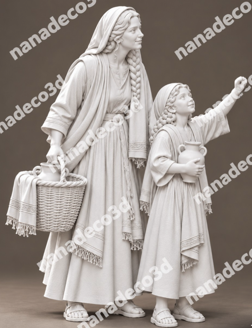 Figura de Mujer y niña llaman a la puerta para belén de Nanadeco3D, impresa en 3D y sin pintar