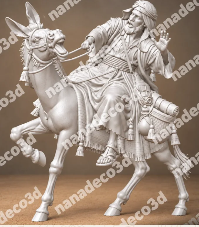 Figura de Anciano asustado en burro para belén de Nanadeco3D, impresa en 3D y sin pintar