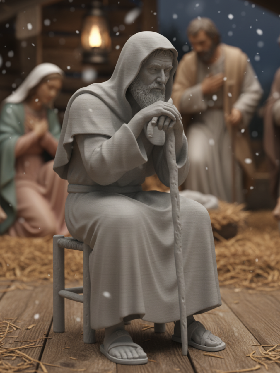 Figura de Anciano sentado con bastón para belén de Nanadeco3D, impresa en 3D y sin pintar