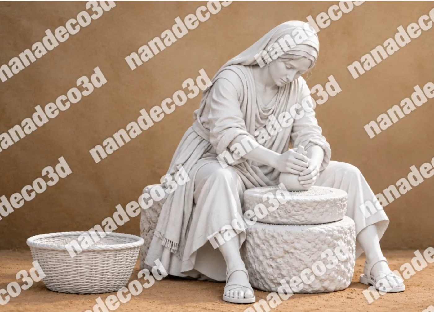 Figura de Campesina moliendo trigo para belén de Nanadeco3D, impresa en 3D y sin pintar