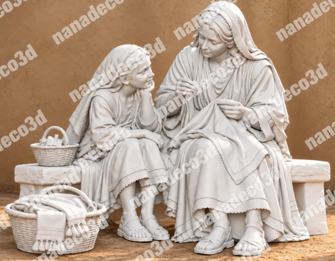 Figura de Enseñando costura para belén de Nanadeco3D, impresa en 3D y sin pintar