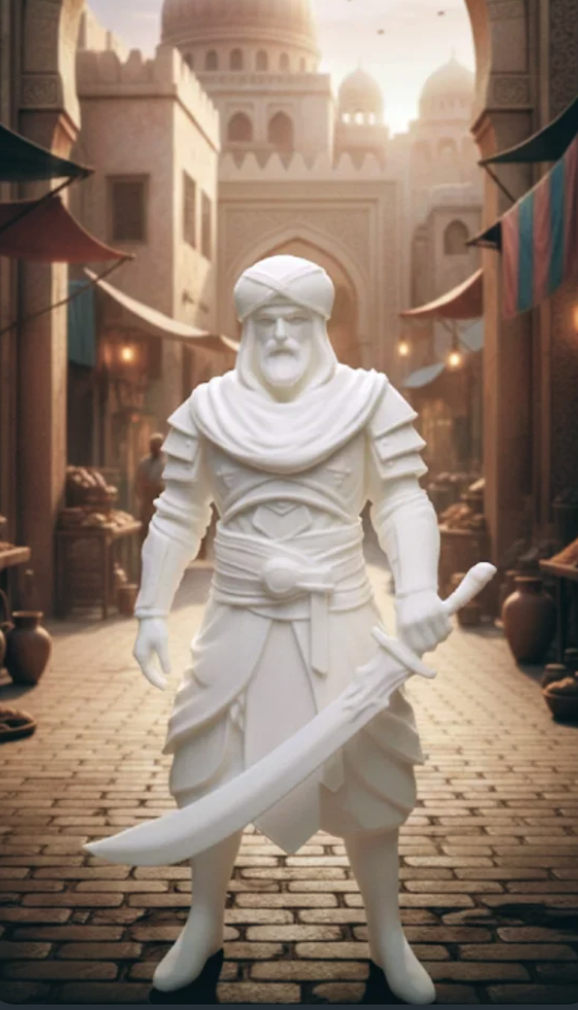 Figura de Guerrero oriental espada inversa para belén de Nanadeco3D, impresa en 3D y sin pintar