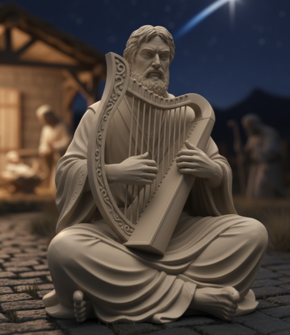 Figura de Hombre sentado con arpa para belén de Nanadeco3D, impresa en 3D y sin pintar