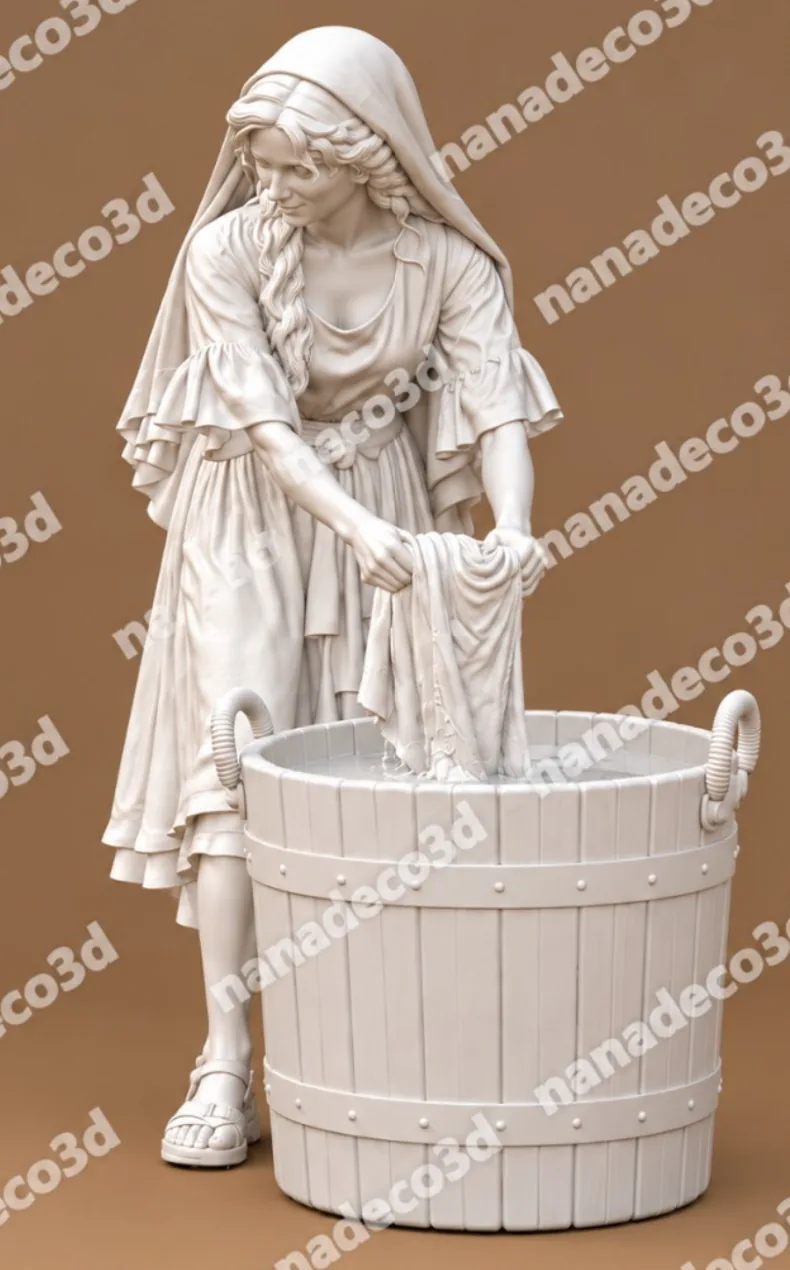 Figura de Joven lavandera con barreño para belén de Nanadeco3D, impresa en 3D y sin pintar