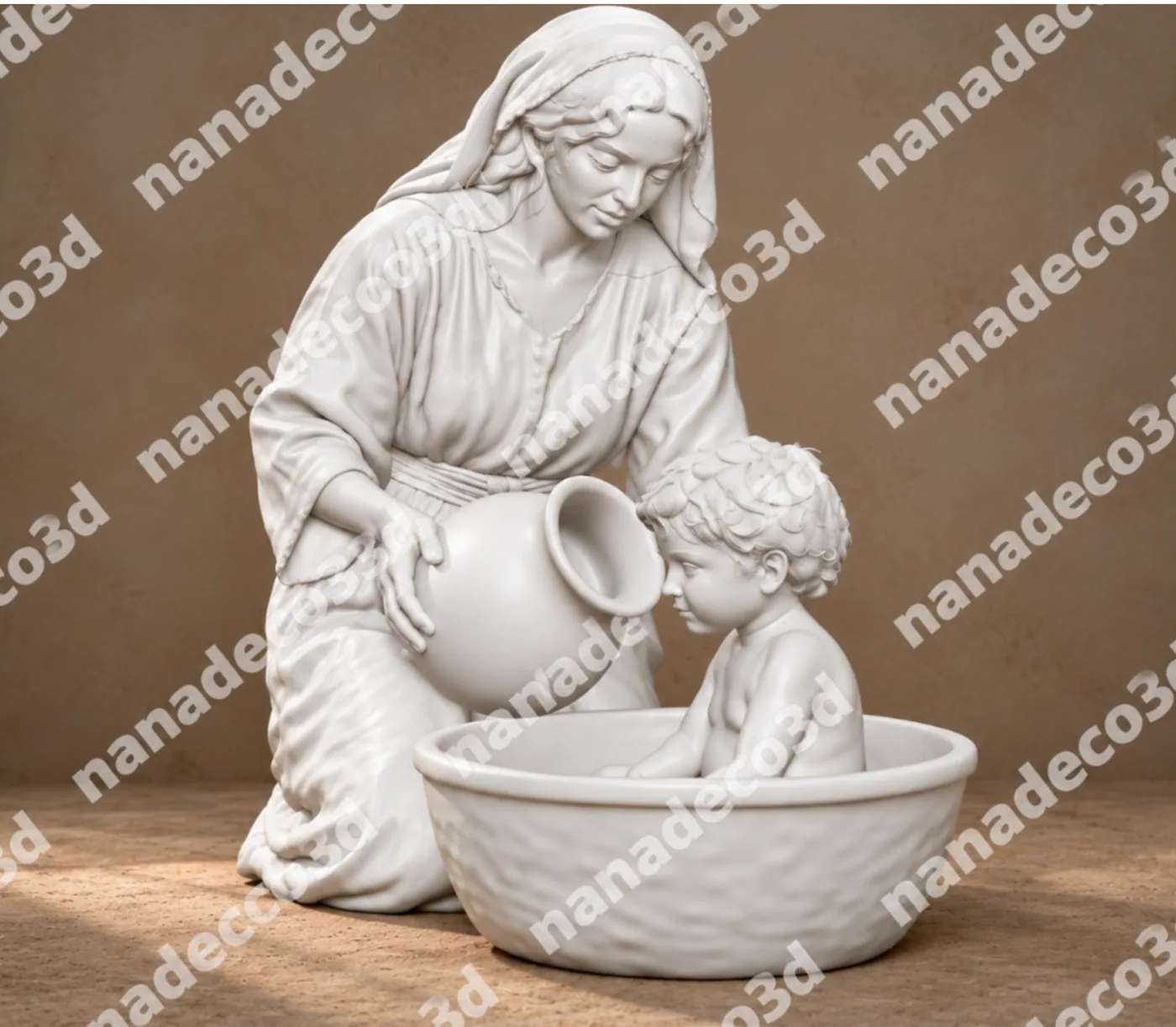 Figura de Madre bañando a su hijo para belén de Nanadeco3D, impresa en 3D y sin pintar