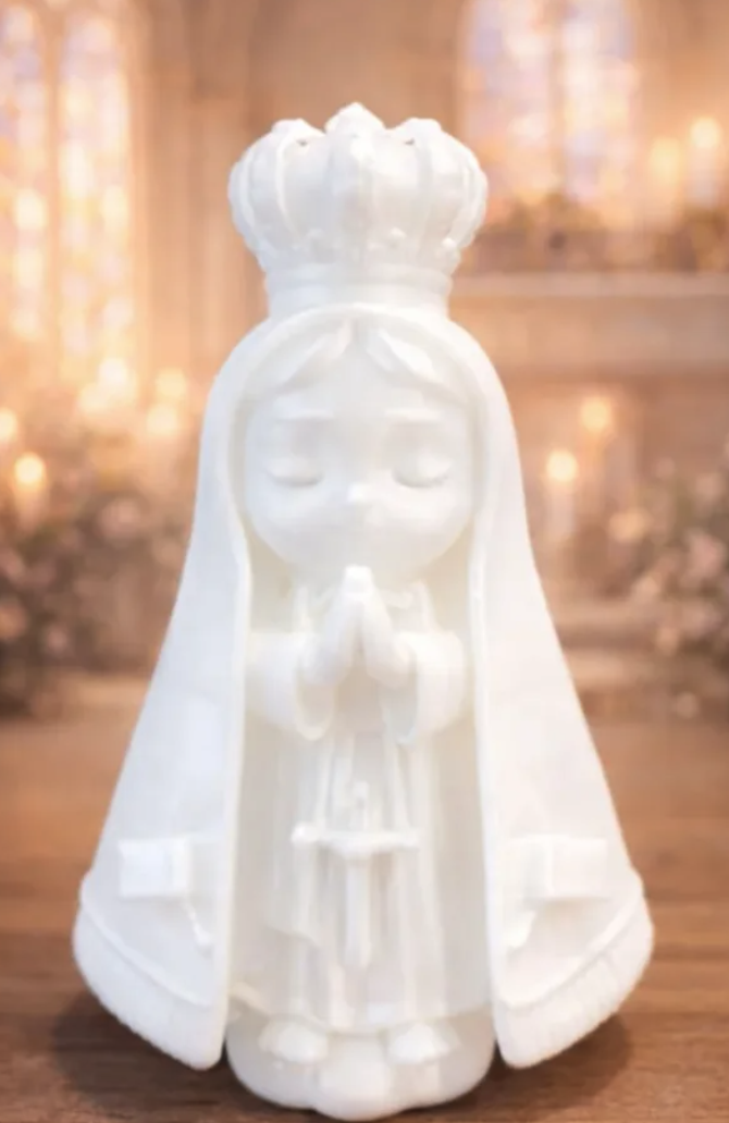 Figura de Nuestra señora de fatima con corona chibi para belén de Nanadeco3D, impresa en 3D y sin pintar