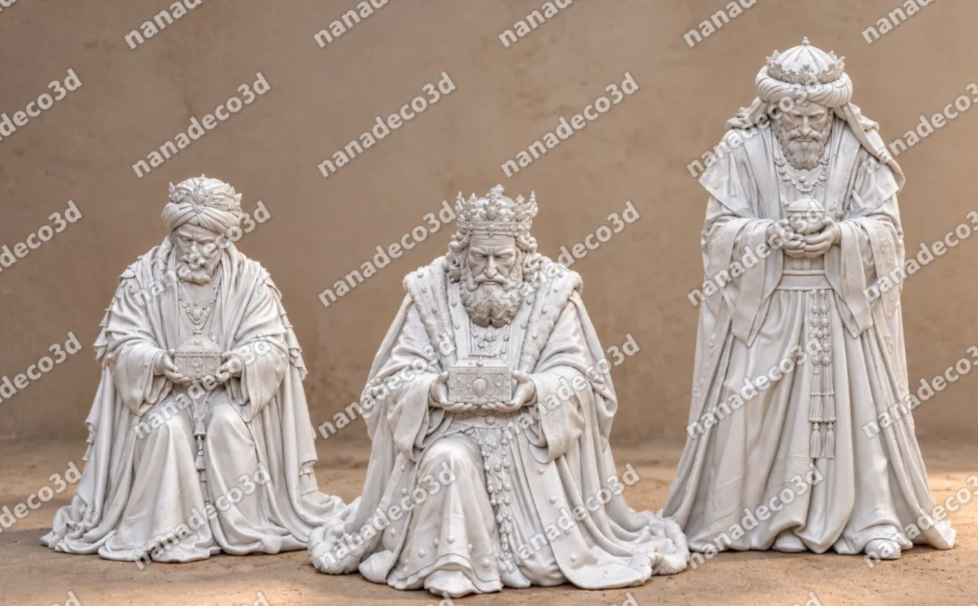 Figura de Reyes Magos en adoración para belén de Nanadeco3D, impresa en 3D y sin pintar